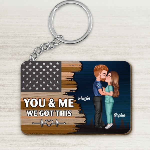 Hero Couple Kissing Half Flag Gift by Occupation Firefighter, Nurse, Police Officer Personalized Wooden Keychain Online