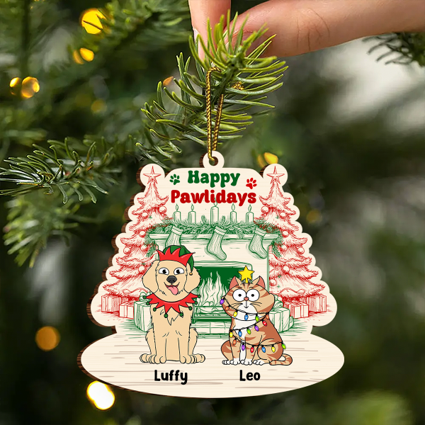 Happy Pawlidays Dog Cat - Personalized Custom Shaped Wooden Ornament For Sale - Image 2