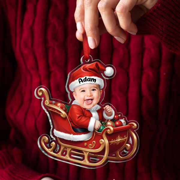 Custom Photo Baby In Sleigh - Personalized Custom Shaped Acrylic Ornament For Sale - Image 2