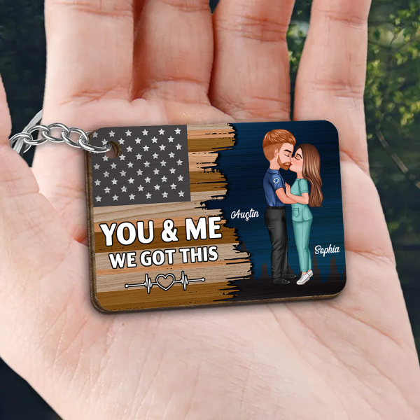 Hero Couple Kissing Half Flag Gift by Occupation Firefighter, Nurse, Police Officer Personalized Wooden Keychain Online - Image 3