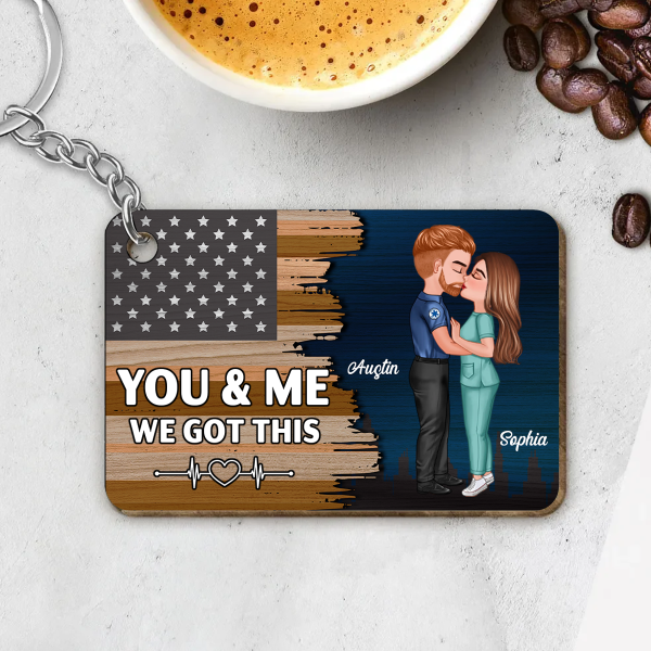 Hero Couple Kissing Half Flag Gift by Occupation Firefighter, Nurse, Police Officer Personalized Wooden Keychain Online - Image 2