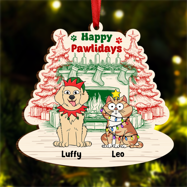 Happy Pawlidays Dog Cat - Personalized Custom Shaped Wooden Ornament For Sale
